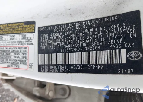 2004 Toyota Camry Le из США, поврежденный, VIN 4T1BE32K34U372288